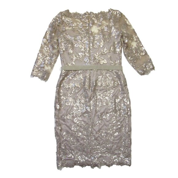 NWT TADASHI SHOJI Paillette Embroidered Tulle Sheath in Sand Belted Dress 6 - Picture 5 of 6